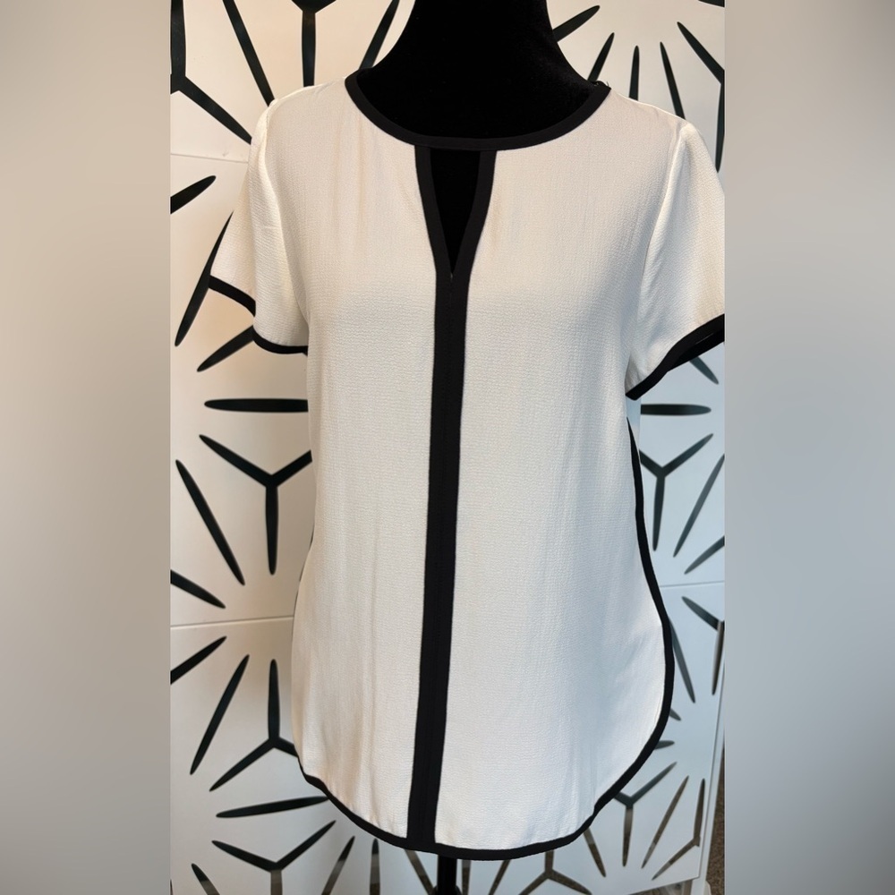 Spense White Blouse with Black Trim, Cap Sleeves